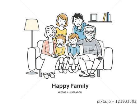 ソファに座る2世帯家族 ソファに座る2世帯家族 121933302