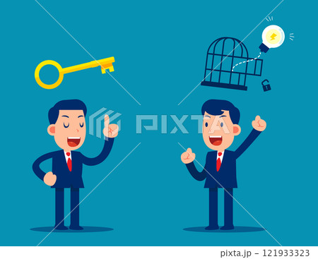 Vector of successful businessman with golden key help unlock idea bulb from a cage 121933323
