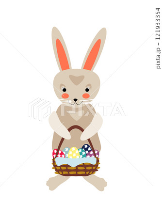 Cartoon easter gray bunny standing with basket of colorful eggs 121933354