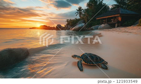 Tropical island beach view with a house and turtle swimming in clear waters near at sunset 121933549