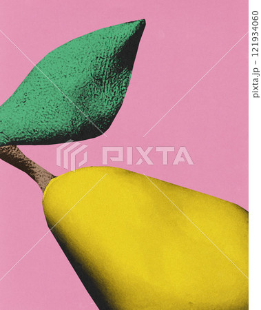 Minimalist artistic illustration of yellow pear with green textured leaf on pink background 121934060