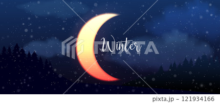 Winter snowfall night sky horizontal background of half moon. Moonlight nature forest vector landscape. Snowy light effect abstract header banner. Christmas design mystical holiday night cover, cloud Winter snowfall night sky horizontal background of half moon. Moonlight nature forest vector landscape. Snowy light effect abstract header banner. Christmas design mystical holiday night cover, cloud 121934166
