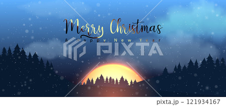 Winter snowfall morning sky horizontal background of sun or moon. Snowy cloudy forest vector landscape. Snow flakes light effect header banner. Merry Christmas design mystical holiday evening cover 121934167