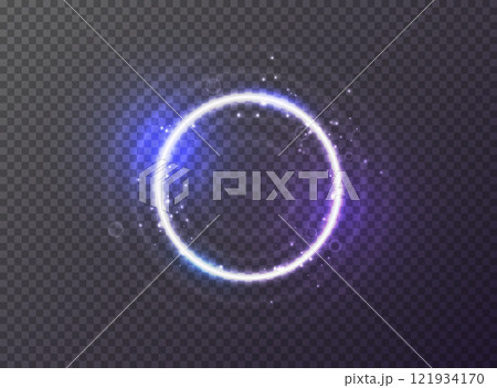 Abstract glow sparkling neon ring on translucent background. Shine round frame light circles, sparks and blue and purple light effect. Vector glowing flare round on transparent background 121934170