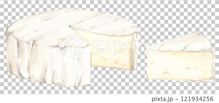 Watercolor food clip art. White brie or camembert Italian, French soft cheese. Exquisite snack for wine. Cut piece and whole head of cheese. 121934256