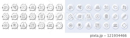 Headshot, Chat and Stress line icons. White pin 3d buttons, chat bubbles icons. Pack of Recovery data, Graph laptop, Business podium icon. Vector 121934466