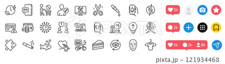 T-shirt, Charging time and Return parcel line icons pack. Social media icons. Cake, Question mark, Face biometrics web icon. Cut, Social care, Smoking pictogram. Vector T-shirt, Charging time and Return parcel line icons pack. Social media icons. Cake, Question mark, Face biometrics web icon. Cut, Social care, Smoking pictogram. Vector 121934468