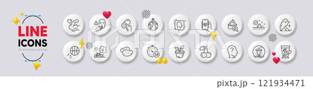 Pandemic vaccine, Potato and Dont touch line icons. White buttons 3d icons. Pack of Bicycle, Leaves, Skin care icon. Moisturizing cream, Stress protection, Health app pictogram. Vector 121934471
