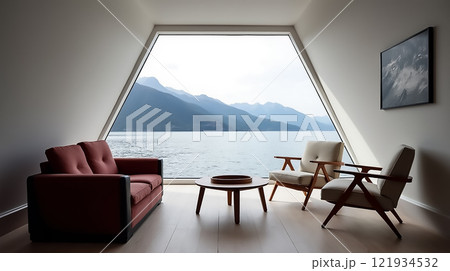 Inviting indoor seating area with stunning lake view through angular windows Inviting indoor seating area with stunning lake view through angular windows 121934532