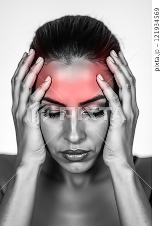 Woman experiencing severe headache while holding her head in a pained expression in a monochrome setting 121934569