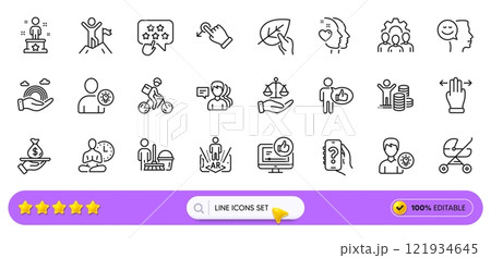 Person idea, User idea and Delivery bike line icons for web app. Pack of Lgbt, People, Like pictogram icons. Yoga, Like video, Ranking star signs. Budget profit, Heart, Drag drop. Search bar. Vector 121934645
