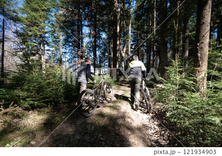 Two cyclists walking their bikes on a forest trail, enjoying a sunny day outdoors. 121934903