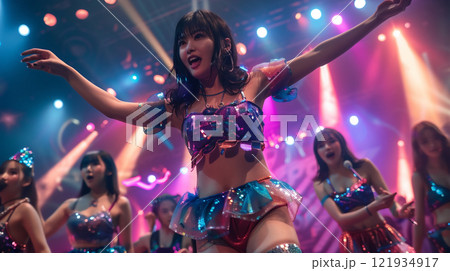 ライブでパフォーマンスする女性アイドル 121934917