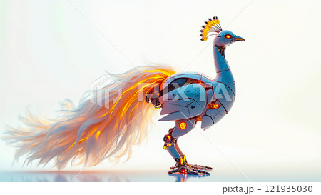 Metallic peacock with luminous feathers stands majestically against a light backdrop in a futuristic design 121935030