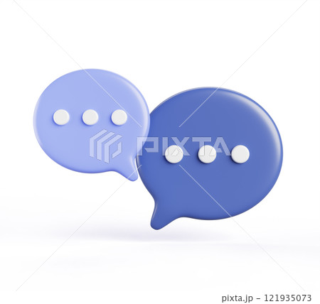 3d blue speech bubbles with ellipsis, chat icons for text, message, dialog render. Circle talk boxes with points for conversation, comment, quotes isolated on white background. 3D illustration 121935073