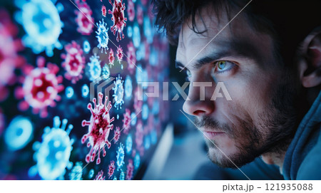 ウイルスに感染したパソコンを見つめる1人の人物 121935088