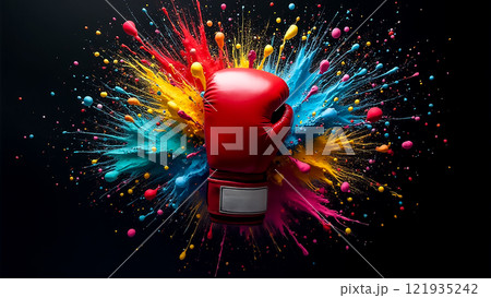 Bold red boxing glove bursts through a colorful explosion of paint conveying energy and strength Bold red boxing glove bursts through a colorful explosion of paint conveying energy and strength 121935242
