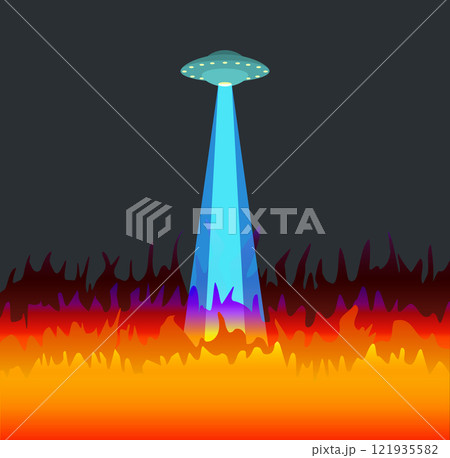 UFOから光を放ち火事を起こしている様子のイラスト UFOから光を放ち火事を起こしている様子のイラスト 121935582