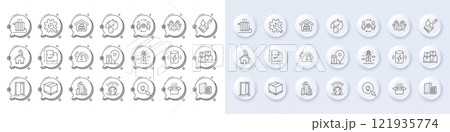 Buildings, Energy and Wholesale inventory line icons. White pin 3d buttons, chat bubbles icons. Pack of Lighthouse, Greenhouse, Delivery box icon. Customisation, Radiator, Warning pictogram. Vector Buildings, Energy and Wholesale inventory line icons. White pin 3d buttons, chat bubbles icons. Pack of Lighthouse, Greenhouse, Delivery box icon. Customisation, Radiator, Warning pictogram. Vector 121935774