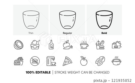 Burger, Alcohol free and Coconut line icons. Pack of Fast food, Glass, No burger icon. Ice cream, Saucepan, Coffee machine pictogram. Apple, Coffee cup, Pizza. Food delivery. Line icons. Vector 121935852