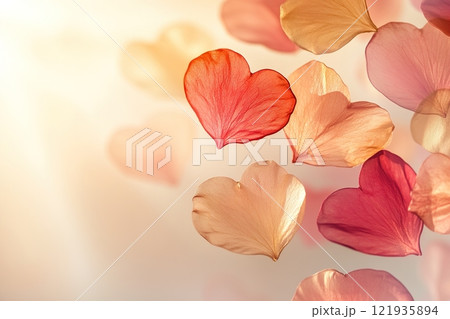 Abstract heart-shaped petals in soft pink, red, and gold gently float in the air against a pastel background, creating a tranquil and romantic atmosphere Abstract heart-shaped petals in soft pink, red, and gold gently float in the air against a pastel background, creating a tranquil and romantic atmosphere 121935894