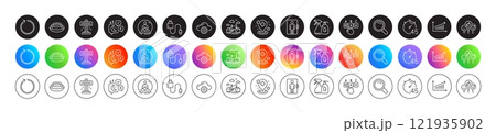 Cloud computing, Bike rental and Charging cable line icons. Round icon gradient buttons. Pack of Yoga, Cleaning liquids, Chart icon. Timer, Correct checkbox, Search pictogram. Vector 121935902