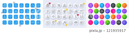 Porridge, Atm service and Smile line icons. Square, Gradient, Pin 3d buttons. AI, QA and map pin icons. Pack of Ice cream, Shower, Teamwork icon. No sun, Brush, Beer pictogram. Vector 121935917