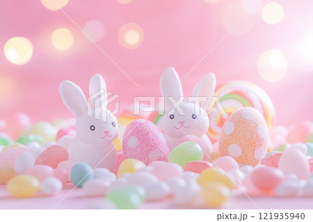 Colorful candy-themed Easter background featuring lollipop-shaped eggs, jellybeans, and playful marshmallow bunnies in soft pastel tones 121935940