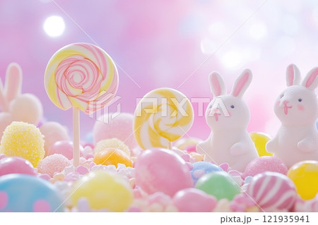 Colorful candy-themed Easter background filled with lollipop-shaped Easter eggs, jellybeans, and playful marshmallow bunnies in soft pastel hues 121935941