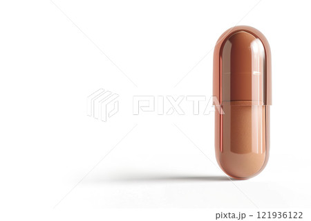 Realistic medicine capsule with glossy brown finish, isolated on white background. Perfect for pharmaceutical, medical, or health-related design projects. Copy space for text. Generative AI. 121936122