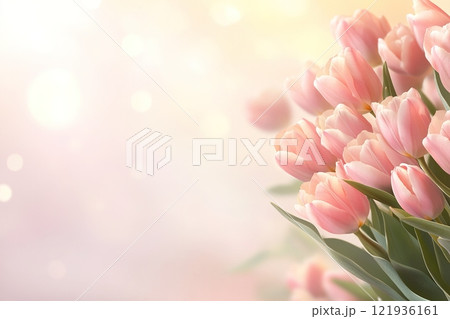 Beautiful bouquet of vibrant pink tulips highlighted against a soft pastel background with plenty of negative space for creative text overlay 121936161