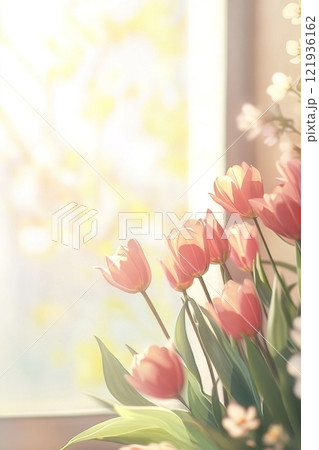 Delicate bouquet of pink tulips with soft pastel background and ample space for creative text overlay in natural light Delicate bouquet of pink tulips with soft pastel background and ample space for creative text overlay in natural light 121936162
