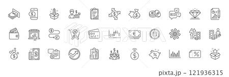 Diamond, Versatile and Savings line icons. Pack of Money transfer, Bid offer, Money profit icon. Inflation, Contactless payment, Line graph pictogram. Checklist, Phone payment, Discount banner. Vector Diamond, Versatile and Savings line icons. Pack of Money transfer, Bid offer, Money profit icon. Inflation, Contactless payment, Line graph pictogram. Checklist, Phone payment, Discount banner. Vector 121936315