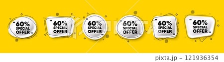 60 percent discount offer tag. Speech bubble 3d icons set. Sale price promo sign. Special offer symbol. Discount chat talk message. Speech bubble banners with comma. Text balloons. Vector 60 percent discount offer tag. Speech bubble 3d icons set. Sale price promo sign. Special offer symbol. Discount chat talk message. Speech bubble banners with comma. Text balloons. Vector 121936354