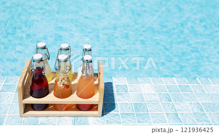 Close-up of a wooden box with glass bottles on the side of the pool. Delicious chilled multicolored drinks on a background of clear blue water. Bright natural sunlight. Close-up of a wooden box with glass bottles on the side of the pool. Delicious chilled multicolored drinks on a background of clear blue water. Bright natural sunlight. 121936425