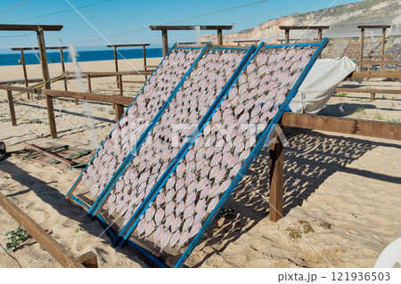 Traditional fish-drying on the beach of Nazare, Portugal Traditional fish-drying on the beach of Nazare, Portugal 121936503