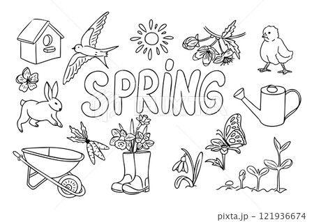 Spring black and white coloring page with flowers, a rabbit, birds, a wheelbarrow, boots, a watering can, and the contour line word Spring. Vector doodle composition isolated on white background 121936674