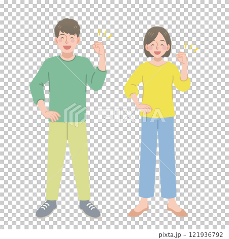 A man and a woman doing a fist pump with a smile A man and a woman doing a fist pump with a smile 121936792