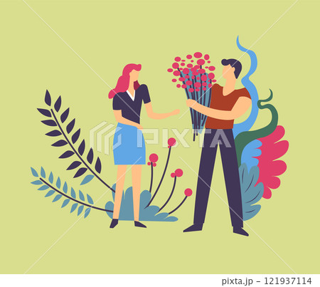 Couple Exchanging Flowers Illustration 121937114
