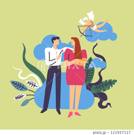 Romantic Couple With Cupid Illustration 121937117