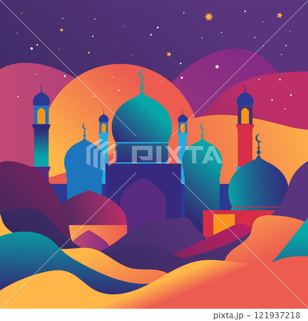 Mosque Silhouettes at Sunset vector Mosque Silhouettes at Sunset vector 121937218