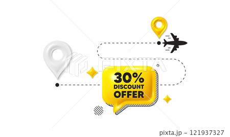 Journey path position 3d pin. 30 percent discount tag. Sale offer price sign. Special offer symbol. Discount message. Chat speech bubble, place banner. Yellow text box. Vector 121937327
