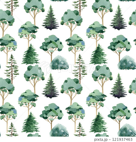 Mix tree forest seamless pattern element. Painted fir trees, bushes, eucalyptus on white background. Elegant woodland illustration pattern design perfect for printing, textile, wrapping paper 121937463
