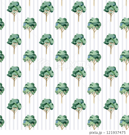 Green tree elegant forest seamless pattern element. Hand drawn trees on tender blue color stipe background. Eucalyptus forest painted illustration pattern design, perfect for textile, wrapping paper 121937475