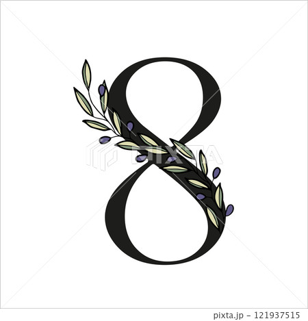 Olive branch alphabet number for decor of card or wedding invite. Vector hand drawn illustration for design 121937515