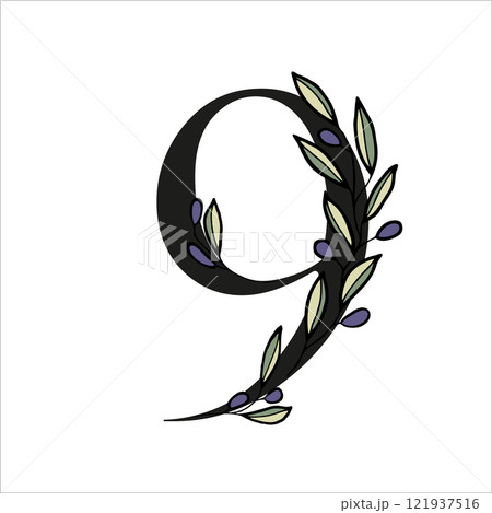 Olive branch alphabet number for decor of card or wedding invite. Vector hand drawn illustration for design Olive branch alphabet number for decor of card or wedding invite. Vector hand drawn illustration for design 121937516