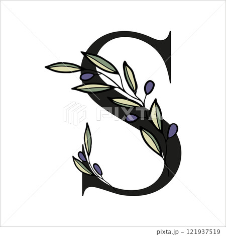 Olive branch alphabet letter for decor of card or wedding invite. Vector hand drawn illustration for design 121937519