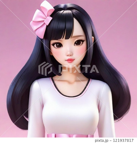 黒髪ロングのリボンをつけた白い服の女性 黒髪ロングのリボンをつけた白い服の女性 121937817