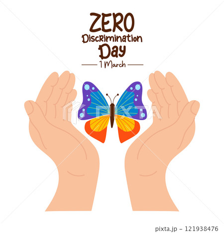 Zero discrimination day. Hands with butterfly in middle. International day, March 1. Butterfly as symbol of holiday. Vector illustration Zero discrimination day. Hands with butterfly in middle. International day, March 1. Butterfly as symbol of holiday. Vector illustration 121938476
