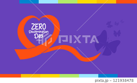 Zero discrimination day greeting poster. Symbol red ribbon heart and butterflies on rainbow background. International holiday 1 march. Butterfly as festive symbol. Vector horizontal illustration Zero discrimination day greeting poster. Symbol red ribbon heart and butterflies on rainbow background. International holiday 1 march. Butterfly as festive symbol. Vector horizontal illustration 121938478